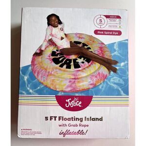 Justice Surf 5ft Floating Island Pool Float w/ Grab Rope,‎ Pink Spiral Tie Dye